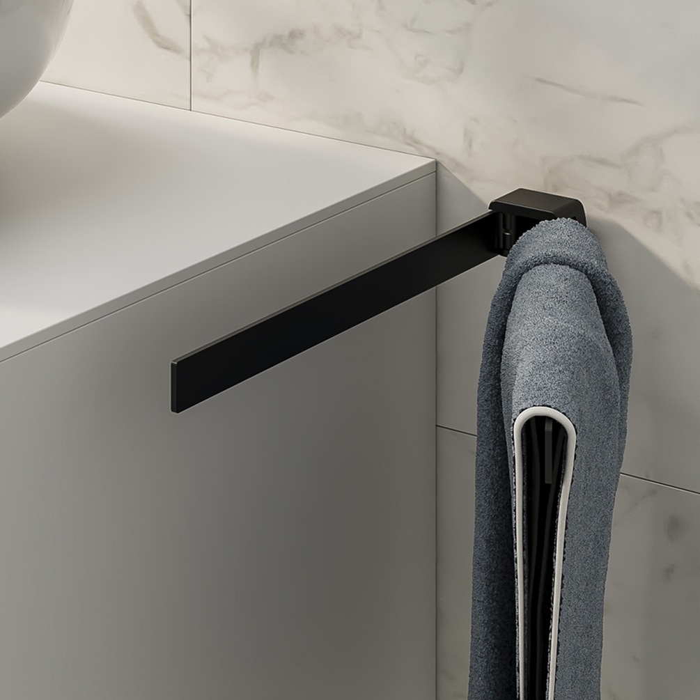 product lifestyle image of origins living pirenei matt black double swing towel rail on wall next to unit